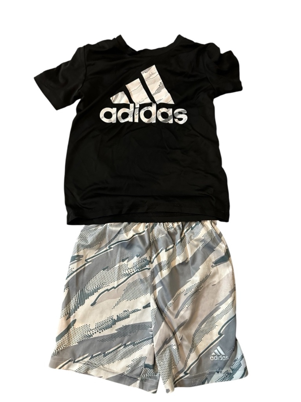 adidas Black Tee with Gray & Cream Patterned Shorts